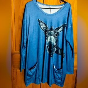 Size Large  Blue Long Sleeve Donkey Graphic Pullover Top-